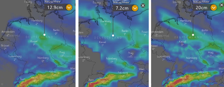 Entlang der Luftmassengrenze kann einiges an Schnee niedergehen Entlang der Luftmassengrenze kann einiges an Schnee niedergehen