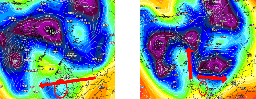 Das Hoch rückt nach Osten vor. Über Skandinavien kann es für eine kalte Winterwetterlage (li.) sorgen. Liegt es hingegen über Deutschland, passiert nicht viel (re.) Das Hoch rückt nach Osten vor. Über Skandinavien kann es für eine kalte Winterwetterlage (li.) sorgen. Liegt es hingegen über Deutschland, passiert nicht viel (re.)
