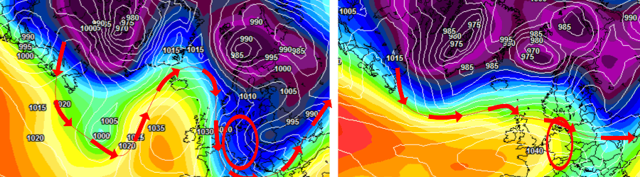Eine interessante Konstellation, doch der Winter zeigt sich lediglich im Ansatz Kurzzeitig winterliche Wetterverhältnisse (li.), doch nachfolgend wird das Hoch nach Osten weggedrückt
