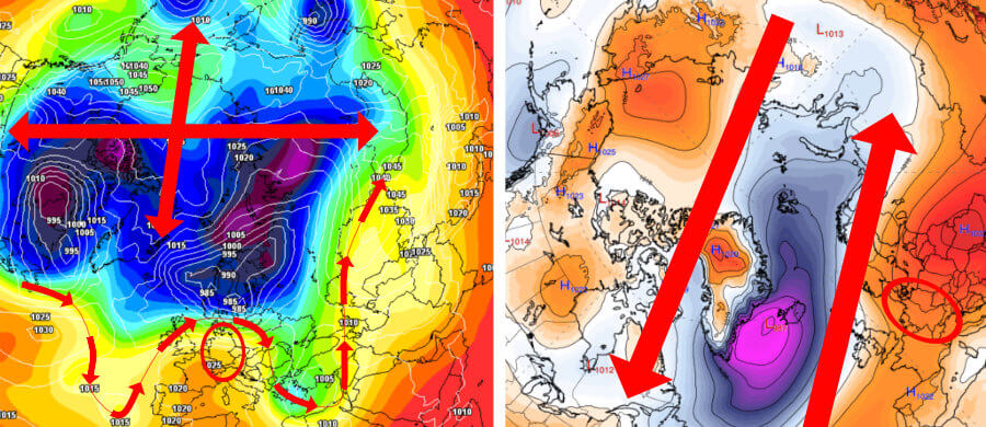 Eine extrem knifflige und vor allem knappe Angelegenheit, doch könnte diese Prognose ab den mittleren Lagen zu winterlichen Bedingungen führen Links die hochdruckdominierte und milde Wetterlage über Deutschland und rechts die Bestätigung in den Druckanomalien