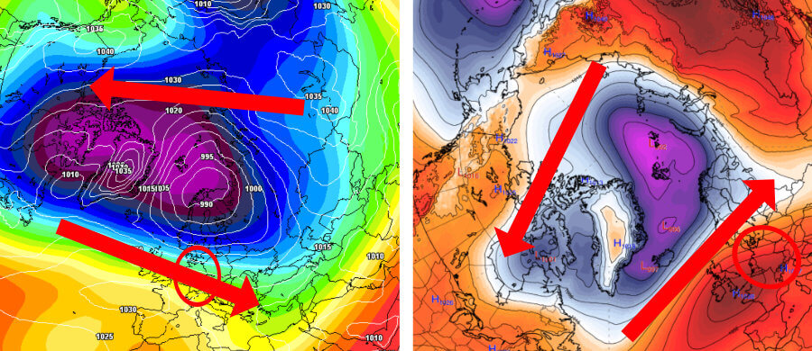Die Großwetterlage nach dem Mittelwert aller Kontrollläufe (li.) und die Druckanomalien am 1. Februar (re.) Die Großwetterlage nach dem Mittelwert aller Kontrollläufe (li.) und die Druckanomalien am 1. Februar (re.)
