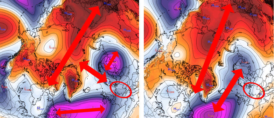 Der Grund, warum es zu einer Westwetterlage kommt, ist der ungehinderte Zustrom kalter Luftmassen in Richtung Kanada Der Grund, warum es zu einer Westwetterlage kommt, ist der ungehinderte Zustrom kalter Luftmassen in Richtung Kanada