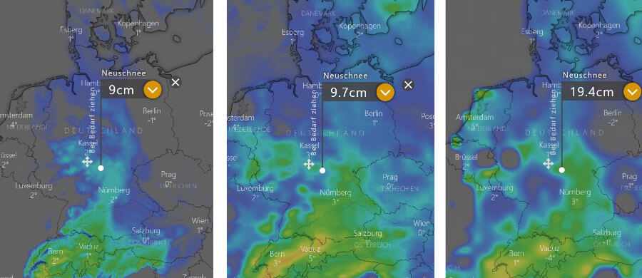 Links die Schneeprognose des Deutschen Wetterdienstes bis 9. Dezember. In der Mitte die Prognose der Europäer und rechts die der Amerikaner bis zum 11. Dezember Links die Schneeprognose des Deutschen Wetterdienstes bis 9. Dezember. In der Mitte die Prognose der Europäer und rechts die der Amerikaner bis zum 11. Dezember