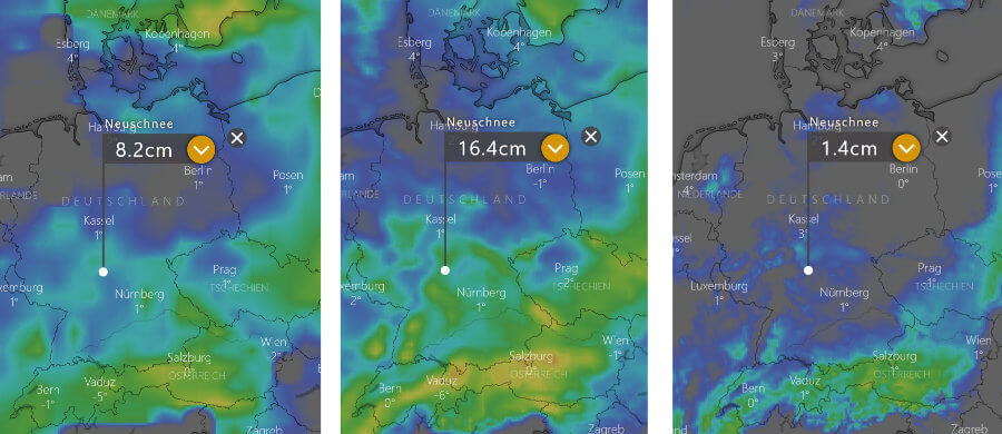 Links die Schneeprognose der Europäer und rechts die der Amerikaner - ab den mittleren Lagen wird es winterlich Links die Schneeprognose der Amerikaner und in der Mitte die der Europäer bis zum 2. Dezember. Rechts die des Deutschen Wetterdienstes bis einschließlich Montag