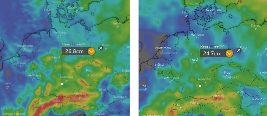 Links die Schneeprognose der Europäer, rechts die des amerikanischen Wettermodells bis einschließlich dem 7. Dezember Links die Schneeprognose der Europäer, rechts die des amerikanischen Wettermodells bis einschließlich dem 7. Dezember