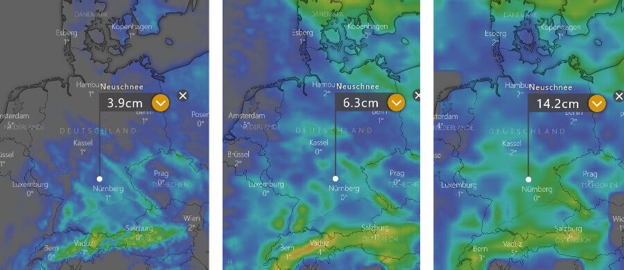 Links die Schneeprognose des Deutschen Wetterdienstes bis 2. Dezember. In der Mitte die Prognose der Europäer und rechts die der Amerikaner bis zu bis zum 4. Dezember Links die Schneeprognose des Deutschen Wetterdienstes bis 2. Dezember. In der Mitte die Prognose der Europäer und rechts die der Amerikaner bis zu bis zum 4. Dezember