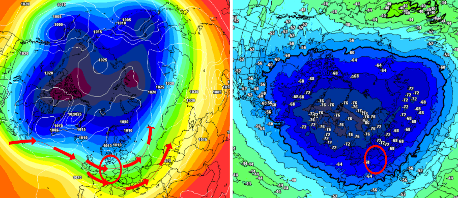 Die nasskalte Nordwestwetterlage bleibt der Favorit der Kontrollläufe (li.). Der Polarwirbel in Stratosphärenhöhe zeigt keine Schwächen (re.) Die nasskalte Nordwestwetterlage bleibt der Favorit der Kontrollläufe (li.). Der Polarwirbel in Stratosphärenhöhe zeigt keine Schwächen (re.)