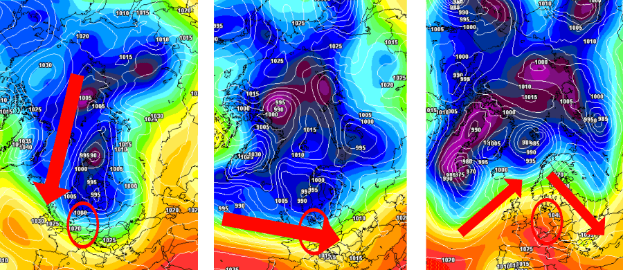 Das frühwinterliche Potential (re.), die Westwetterlage (Mi.) und der Spätsommer (re.) Das frühwinterliche Potential (re.), die Westwetterlage (Mi.) und der Spätsommer (re.)