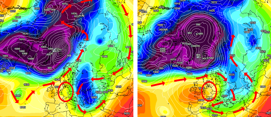 Links der Ansatz eines winterlichen Kaltlufttropfens, der kurze Zeit später bereits wieder verworfen wird Links der Ansatz eines winterlichen Kaltlufttropfens, der kurze Zeit später bereits wieder verworfen wird