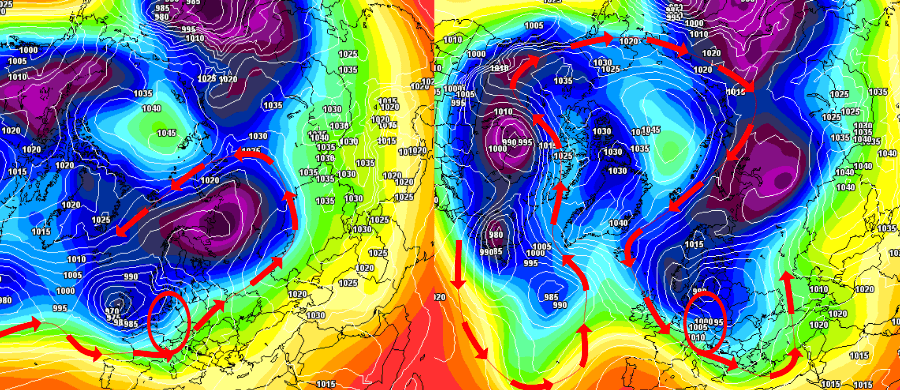 Links die milde Südwestströmung, rechts die nasskalte Nordwestwetterlage Links die milde Südwestströmung, rechts die nasskalte Nordwestwetterlage