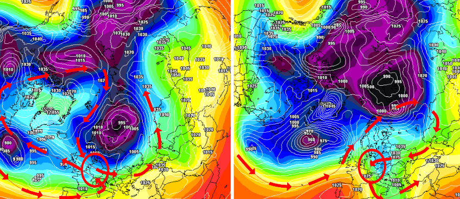 Links die Grenzwetterlage zu Weihnachten, rechts die Luftmassengrenze zu Silvester Links die Grenzwetterlage zu Weihnachten, rechts die Luftmassengrenze zu Silvester