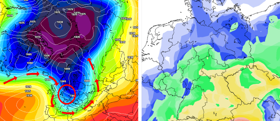 Der Trog wird vom Mittelwert aller Kontrollläufe bestätigt (li.). Rechts die Schneeprognose für den 1. Dezember Der Trog wird vom Mittelwert aller Kontrollläufe bestätigt (li.). Rechts die Schneeprognose für den 1. Dezember