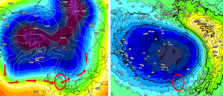 Links die beginnende Zonalisierung, rechts ein kräftiges Minor-Warming, das noch keine unmittelbaren Auswirkungen auf das Wetter hat Links die beginnende Zonalisierung, rechts ein kräftiges Minor-Warming, das noch keine unmittelbaren Auswirkungen auf das Wetter hat