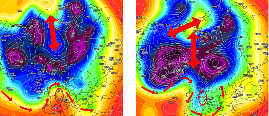Die winterlichen Varianten der Kontrollläufe bis zum 4. Januar Links das für das Wetter wenig relevante Minor-Warming mit Ansatz zu einem Major-Warming, rechts der Mittelwert der Kontrollläufe