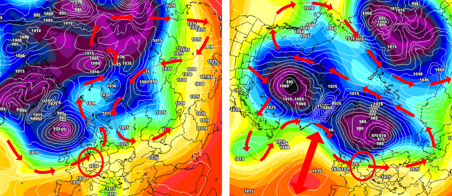 Links die Initialisierung des Polarwirbels, rechts ein Polarwirbelsplit mit einem größeren Spielraum für eine meridionale Wetterlage Links die Initialisierung des Polarwirbels, rechts ein Polarwirbelsplit mit einem größeren Spielraum für eine meridionale Wetterlage