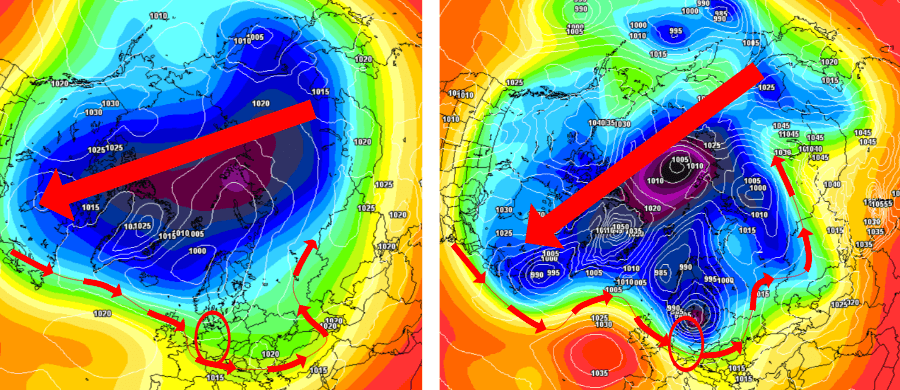 Hochdruckzone innerhalb des Polarwirbel transferiert kalte Luftmassen nach Kanada. Die Folge ist eine hohe Tiefdruckaktivität auf dem Atlantik mit einer von Nordwest- auf Südost abkippenden Tiefdruckachse. Stürmische Winde und nasskalte Tageswerte wären zu erwarten Hochdruckzone innerhalb des Polarwirbel transferiert kalte Luftmassen nach Kanada. Die Folge ist eine hohe Tiefdruckaktivität auf dem Atlantik mit einer von Nordwest- auf Südost abkippenden Tiefdruckachse. Stürmische Winde und nasskalte Tageswerte wären zu erwarten