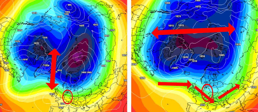 Das Hoch bäumt sich zum 19. November auf dem Atlantik nach Norden auf (li.) und flacht nachfolgend ab (re.). Über Deutschland entsteht so eine nasskalte und novembertypische Nordwestwetterlage Das Hoch bäumt sich zum 19. November auf dem Atlantik nach Norden auf (li.) und flacht nachfolgend ab (re.). Über Deutschland entsteht so eine nasskalte und novembertypische Nordwestwetterlage