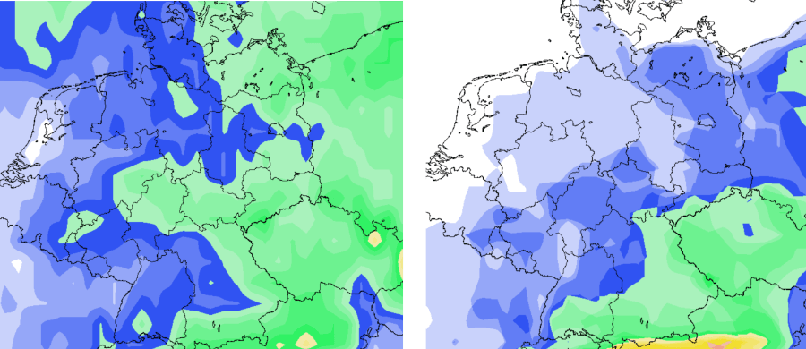 Links die Wahrscheinlichkeit für Schnee, rechts die Wahrscheinlichkeit für Dauerfrost Links die Wahrscheinlichkeit für Schnee, rechts die Wahrscheinlichkeit für Dauerfrost