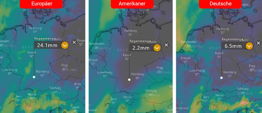 Links die Regenprognose der Europäer, in der Mitte die der Amerikaner und rechts daneben die Deutsche: Atlantische Frontensysteme greifen auf Deutschland über und sorgen um Schwerpunkt über dem Westen und Süden für nennenswerten Niederschlag Links die Regenprognose der Europäer, in der Mitte die der Amerikaner und rechts daneben die Deutsche: Atlantische Frontensysteme greifen auf Deutschland über und sorgen um Schwerpunkt über dem Westen und Süden für nennenswerten Niederschlag