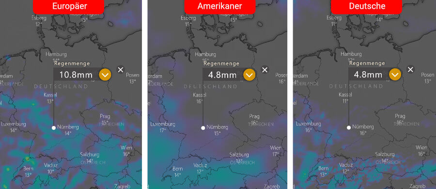 Links die Regenprognose der Europäer, in der Mitte die der Amerikaner und rechts daneben die Deutsche: Schauer und Gewitter sind über der Südhälfte zu erwarten, doch die Niederschlagsausbeute wird unterschiedlich interpretiert Links die Regenprognose der Europäer, in der Mitte die der Amerikaner und rechts daneben die Deutsche: Schauer und Gewitter sind über der Südhälfte zu erwarten, doch die Niederschlagsausbeute wird unterschiedlich interpretiert