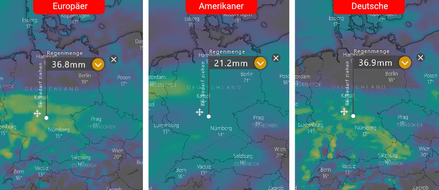 Links die Regenprognose der Europäer, in der Mitte die der Amerikaner und rechts daneben die Deutsche: Unbeständiges und über dem Süden regnerisches Septemberwetter Links die Regenprognose der Europäer, in der Mitte die der Amerikaner und rechts daneben die Deutsche: Unbeständiges und über dem Süden regnerisches Septemberwetter