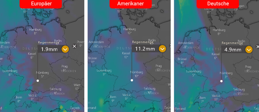 Links die Regenprognose der Europäer, in der Mitte die der Amerikaner und rechts daneben die Deutsche: Die Ausläufer der atlantische Frontalzone werden im Schwerpunkt über den westlichen Landesteilen für nennenswerten Niederschlag sorgen können