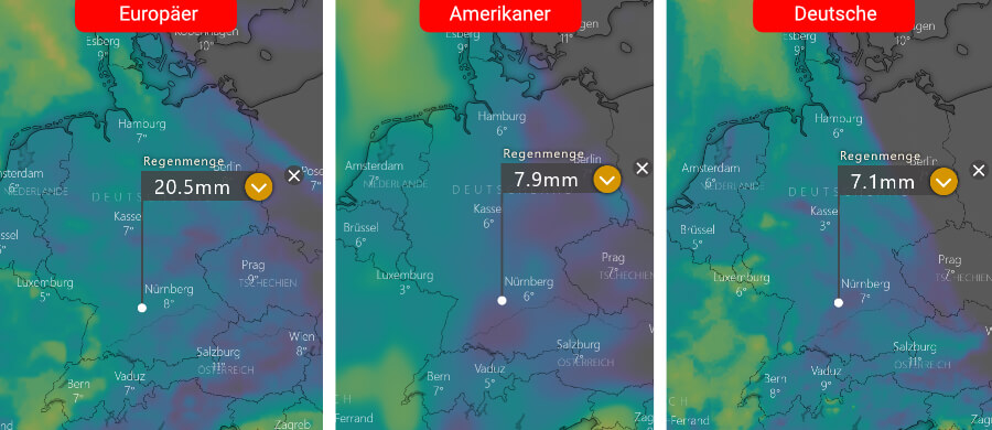 Links die Regenprognose der Europäer, in der Mitte die der Amerikaner und rechts daneben die Deutsche: Von Westen ziehen Niederschlagsfelder auf, doch verhindert eine Luftmassengrenze, dass die Niederschlagsfelder die östlichen Landesteile erreichen können