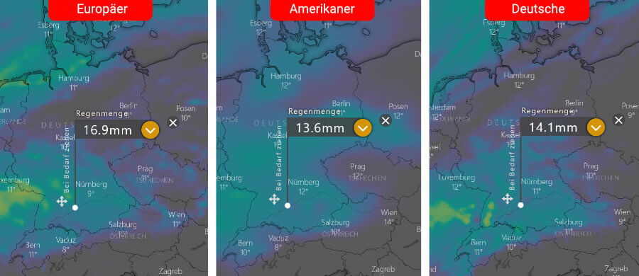 Links die Regenprognose der Europäer, in der Mitte die der Amerikaner und rechts daneben die Deutsche: Die Niederschlagsschwerpunkte findet man über den Küsten und über der Südhälfte Links die Regenprognose der Europäer, in der Mitte die der Amerikaner und rechts daneben die Deutsche: Die Niederschlagsschwerpunkte findet man über den Küsten und über der Südhälfte
