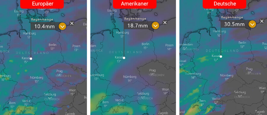 Links die Regenprognose der Europäer, in der Mitte die der Amerikaner und rechts daneben die Deutsche: Ein Niederschlagsschwerpunkt über dem Südwesten und über der Mitte von Deutschland Links die Regenprognose der Europäer, in der Mitte die der Amerikaner und rechts daneben die Deutsche: Ein Niederschlagsschwerpunkt über dem Südwesten und über der Mitte von Deutschland