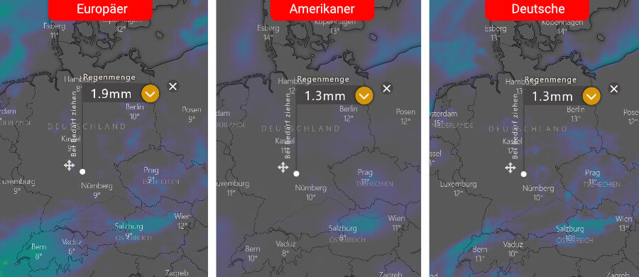 Links die Regenprognose der Europäer, in der Mitte die der Amerikaner und rechts daneben die Deutsche: Verbreitet trockenes Herbstwetter Links die Regenprognose der Europäer, in der Mitte die der Amerikaner und rechts daneben die Deutsche: Verbreitet trockenes Herbstwetter