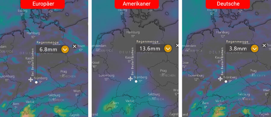 Links die Regenprognose der Europäer, in der Mitte die der Amerikaner und rechts daneben die Deutsche: Nennenswerter Niederschlag ist über dem Süden von Baden-Württemberg und Bayern zu erwarten