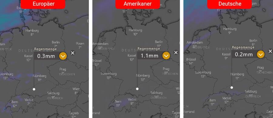 Links die Regenprognose der Europäer, in der Mitte die der Amerikaner und rechts daneben die Deutsche: Verbreitet bleibt es trocken