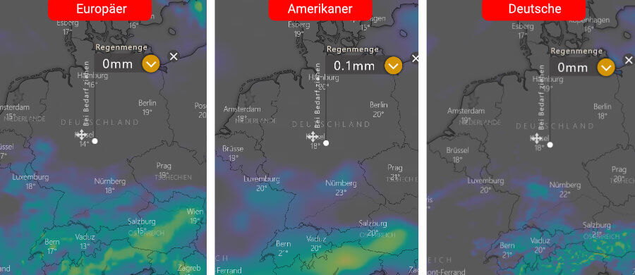 Links die Regenprognose der Europäer, in der Mitte die der Amerikaner und rechts daneben die Deutsche: Ein Hoch dominiert das Wetter über Deutschland und bis auf den Süden von Deutschland ist nicht mit nennenswertem Niederschlag zu rechnen Links die Regenprognose der Europäer, in der Mitte die der Amerikaner und rechts daneben die Deutsche: Ein Hoch dominiert das Wetter über Deutschland und bis auf den Süden von Deutschland ist nicht mit nennenswertem Niederschlag zu rechnen