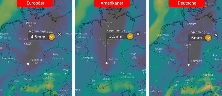 Links die Regenprognose der Europäer, in der Mitte die der Amerikaner und rechts daneben die Deutsche: Der meiste Niederschlag ist zum Start in das Wochenende über dem Süden und Südosten zu erwarten Links die Regenprognose der Europäer, in der Mitte die der Amerikaner und rechts daneben die Deutsche: Der meiste Niederschlag ist zum Start in das Wochenende über dem Süden und Südosten zu erwarten