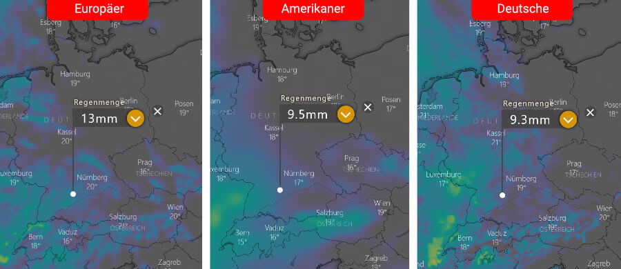 Links die Regenprognose der Europäer, in der Mitte die der Amerikaner und rechts daneben die Deutsche: Der Schwerpunkt der Schauer- und Gewitteraktivität konzentriert sich nach wie vor auf den Süden und Westen Links die Regenprognose der Europäer, in der Mitte die der Amerikaner und rechts daneben die Deutsche: Der Schwerpunkt der Schauer- und Gewitteraktivität konzentriert sich nach wie vor auf den Süden und Westen