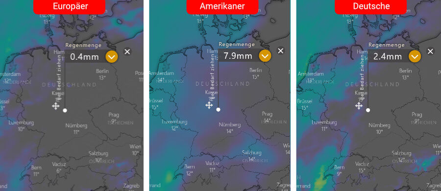 Links die Regenprognose der Europäer, in der Mitte die der Amerikaner und rechts daneben die Deutsche: Insbesondere über dem Nordwesten ist bis zum 4. November mit nennenswerten Niederschlägen zu rechnen