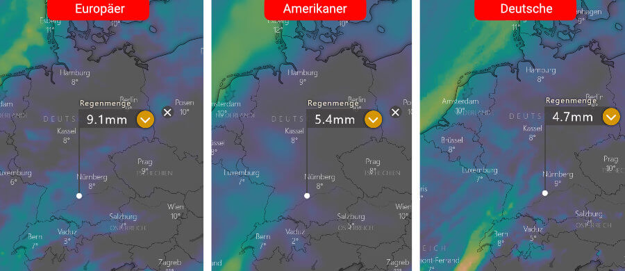 Links die Regenprognose der Europäer, in der Mitte die der Amerikaner und rechts daneben die Deutsche: Die Niederschlagsschwerpunkte sind über der Nordseeküste und den südlichen Landesteilen zu finden Links die Regenprognose der Europäer, in der Mitte die der Amerikaner und rechts daneben die Deutsche: Die Niederschlagsschwerpunkte sind über der Nordseeküste und den südlichen Landesteilen zu finden