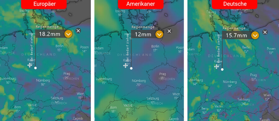 Links die Regenprognose der Europäer, in der Mitte die der Amerikaner und rechts daneben die Deutsche: Regional unterschiedliche Niederschlagsmengen - Schwerpunkt über dem Nordosten und über den Mittelgebirgen Links die Regenprognose der Europäer, in der Mitte die der Amerikaner und rechts daneben die Deutsche: Regional unterschiedliche Niederschlagsmengen - Schwerpunkt über dem Nordosten und über den Mittelgebirgen