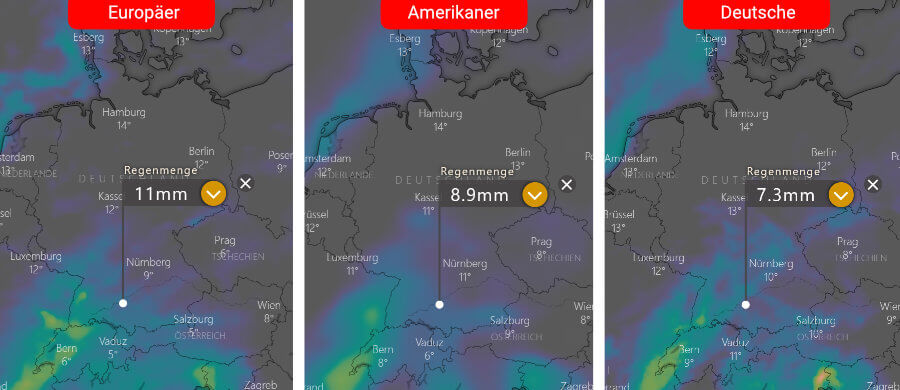 Links die Regenprognose der Europäer, in der Mitte die der Amerikaner und rechts daneben die Deutsche: Der Regen der kommenden Tage konzentriert sich auf den heutigen Mittwoch