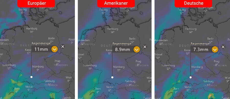 Links die Regenprognose der Europäer, in der Mitte die der Amerikaner und rechts daneben die Deutsche: Der Regen der kommenden Tage konzentriert sich auf den heutigen Mittwoch Links die Regenprognose der Europäer, in der Mitte die der Amerikaner und rechts daneben die Deutsche: Der Regen der kommenden Tage konzentriert sich auf den heutigen Mittwoch