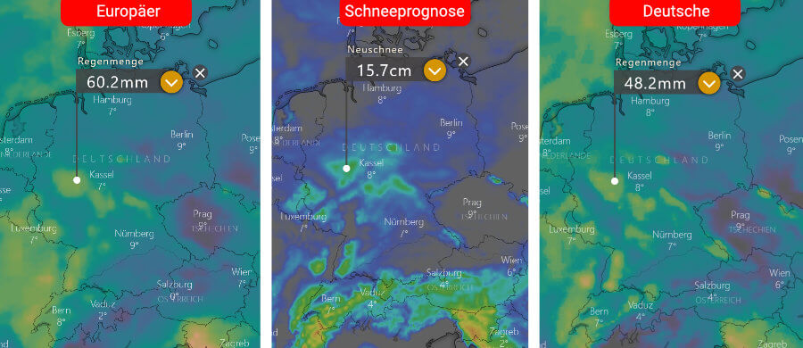 Kräftiger Niederschlag, der ab Sonntag ab den mittleren Lagen in Schnee übergehen kann Kräftiger Niederschlag, der ab Sonntag ab den mittleren Lagen in Schnee übergehen kann
