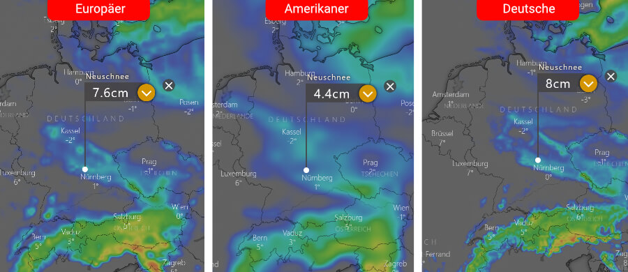 Links die Schneeprognose der Europäer, in der Mitte die der Amerikaner und rechts daneben die Deutsche: Über manchen Regionen von Deutschland stellen sich winterliche Bedingungen ein