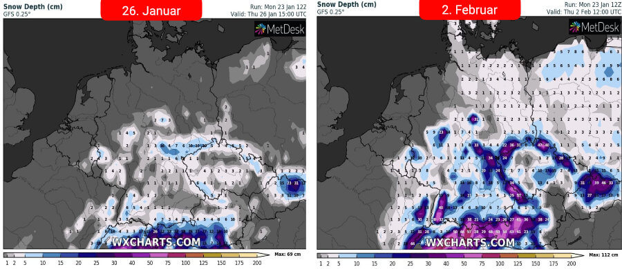 Ein Trog sorgt über Deutschland für zeitweiligen Schneefall, was insbesondere die Schneesituation ab den mittleren Lagen deutlich verbessern kann