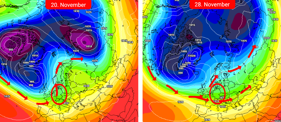 Die Hochdruckdominanz wird langsam, aber stetig abgebaut und die zweite Novemberhälfte wird merklich unbeständiger und kühler