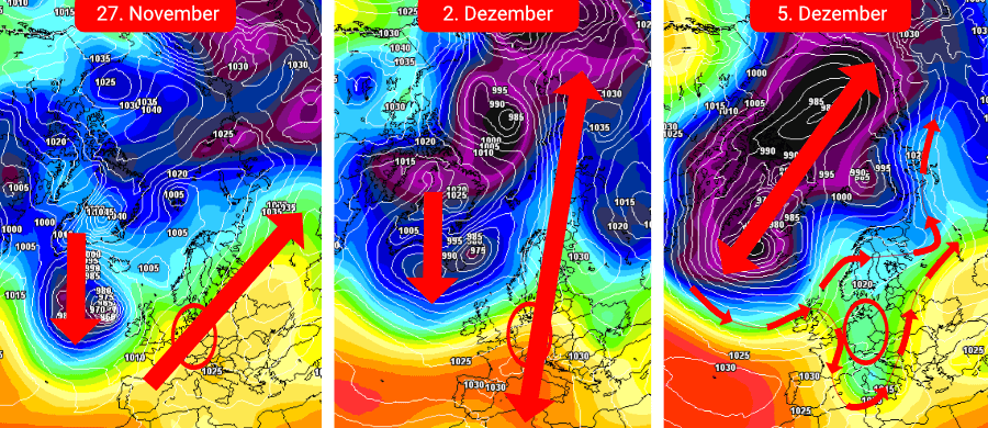 Erst ein Polarwirbelsplit, doch dann kippt die Hochdruckachse und führt die atlantische Frontalzone näher an Deutschland heran