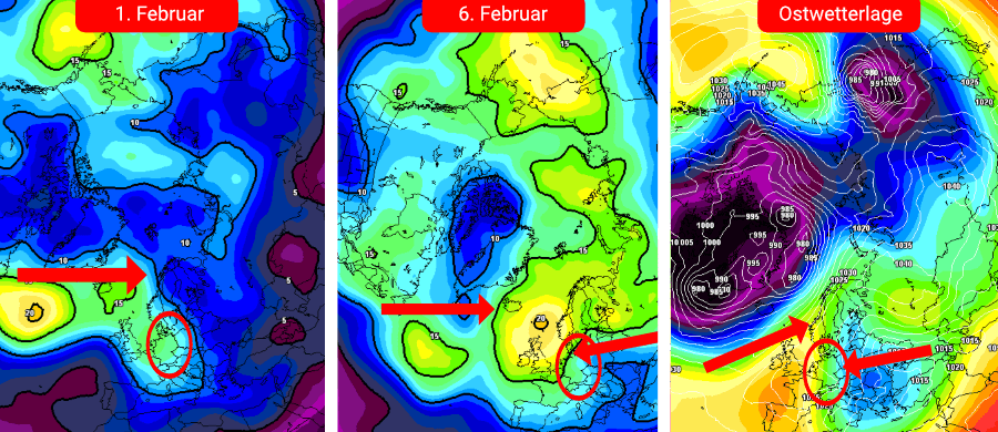 Links und in der Mitte die Druckanomalien - rechts ein Displacement eines ausgesuchten Kontrolllaufes mit einer Ostwetterlage über Deutschland