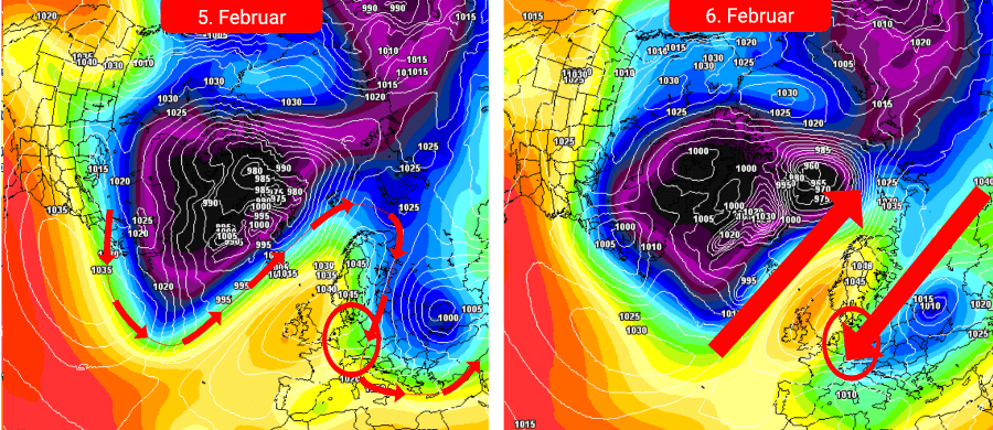 Die Hochdruckzone dehnt sich aus und drängt den Polarwirbel zurück. Am südlichen Hochdruckgradienten wird ein Kaltlufttropfen nach Deutschland geführt