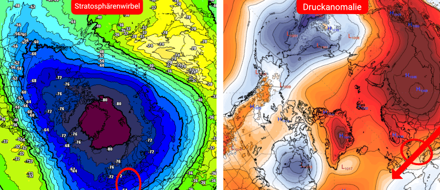 Links das Minor-Warming in Stratosphärenhöhe ohne Auswirkungen auf die unteren Luftschichten - rechts die Druckanomalien mit dem außergewöhnlich hohem Luftdruck Links das Minor-Warming in Stratosphärenhöhe ohne Auswirkungen auf die unteren Luftschichten - rechts die Druckanomalien mit außergewöhnlich hohem Luftdruck