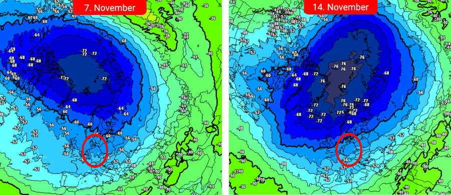 Der Polarwirbel in Stratosphärenhöhe befindet sich bis Mitte November in einem guten Zustand Der Polarwirbel in Stratosphärenhöhe befindet sich bis Mitte November in einem guten Zustand