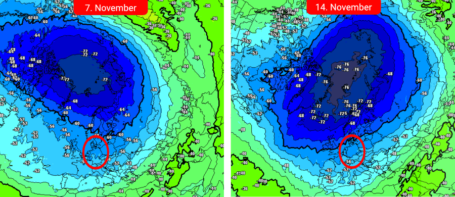 Der Polarwirbel in Stratosphärenhöhe befindet sich bis Mitte November in einem guten Zustand